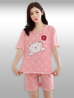ชุดเซ็ทเสื้อกางเกงสีชมพูแต่งจุดลายน้องแมวสุดน่ารัก รหัส2095