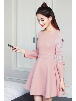 ชุดเดรสแฟชั่น คอกลมแต่งแขนผ้าลูกไม้ใส่ออกงานสวยหรู สไตล์เกาหลี-1534-สีชมพู