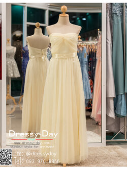 รหัส ชุดราตรี : BB123 ชุดแซก ชุดราตรียาว หรู สีแชมเปญ เรียบหรู ชุดไปงานแต่งงานเกาะอก