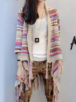 เสื้อคลุมไหมพรมถักห่าง สไตล์โบฮีเมี่ยน แต่งพู่แขนยาว รหัส 1404