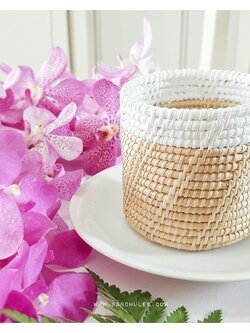 Small Wicker Basket ตะกร้าสาน ทรงกระบอก ขนาดเล็ก ทาสีขอบด้วยสีขาว