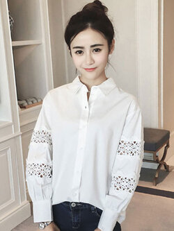 เสื้อเชื๊ตแฟชั่นคอปกสีขาวต่อแขนผ้าลูกไม้สวยหวานสไตล์เกาหลี รหัส 1711