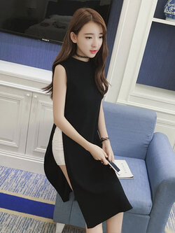 เสื้อแฟชั่นตัวยาวผ่าข้างสูงสองข้าง คอกลม แขนกุดสวยหวานสไตล์เกาหลี รหัส 1685-สีดำ