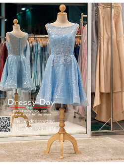 รหัส ชุดราตรีสั้น : PF019 ชุดเดรสออกงานสีฟ้า ชุดราตรีสั้นลูกไม้ ช่วงบนซีทรูปักเลื่อมลูกปัดสุดหรู ใส่ไปงานหมั้น งานแต่งงาน งานเลี้ยง งานประกวด งานรับปริญญา สวยน่ารักสุดๆ