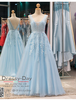 รหัส ชุดไปงานแต่ง :PF074 ชุดราตรียาวแขนกุดสีฟ้าตกแต่งมุขและเลื่อมอย่างสวยงาม ดูดีแบบเจ้าหญิง ใส่ไปงานแต่งงาน งานกาล่าดินเนอร์ งานเลี้ยง งานพรอม งานรับกระบี่