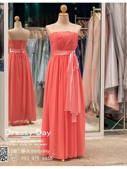 รหัส ชุดราตรียาว :bb025 ชุดราตรีเกาะอก สีชมพู ชุดไปงานแต่งประดับโบว์ช่วงเอว ชุดแซกผ้าชีฟอง เหมาะใส่ออกงานแต่งงาน งานกลางวัน กลางคืน