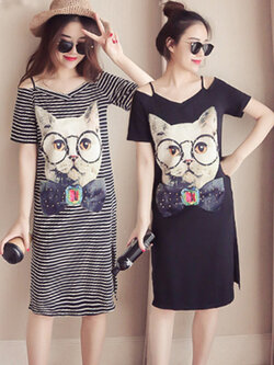 ชุดเดรสแฟชั่นสายเดี่ยว เปิดไหล่ สกรีนหน้าแมวน่ารัก สไตล์เกาหลี มี 2 สี รหัส 1831