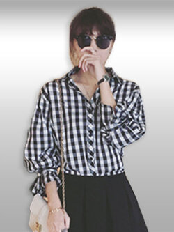 เสื้อแฟชั่นคอปกลายสก็อตแขนแต่งสายรัดแบบเรียบหรู รหัส2116