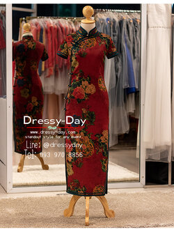 รหัส ชุดตรุษจีน : KPL200 ชุดกี่เพ้าทันสมัย ชุดกี่เพ้าประยุกต์ มีแขน ลายดอกโบตั๋น เก๋ๆ สวย หรู ปัง อินเทรนด์แฟชั่น