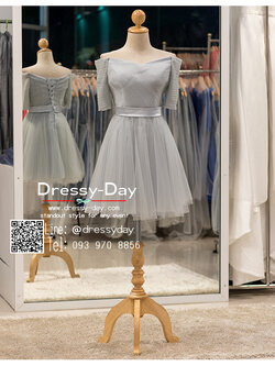 รหัส ชุดราตรีสั้น :BB079 ชุดแซก after party ชุดราตรีแบบสั้นแขนยาว สีเทาสวยๆ ด้านหลังเป็นคลอเส็ทผูกเชือกกระชับกับลำตัว