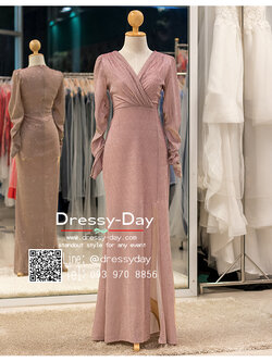 รหัส ชุดราตรียาว : PFL111 ชุดไปงานแต่งสีชมพู แบบมีแขน ชุดไปงานแต่งงานกลางคืน เรียบ หรู ดูแพง พร้อมส่ง