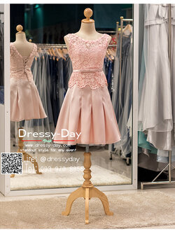 รหัส ชุดราตรีสั้น : BB039 ชุดแซก เดรสออกงานสั้นออกงานสีชมพู กระโปรงซาตินช่วงบนเป็นลูกไม้แขนกุดสวยๆ ประดับโบว์ที่เอว