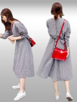 ชุดเดรสแฟชั่นคอกลมลายสก็อตขาวดำลายสุดฮิต รหัส 1732