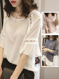 เสื้อแฟชั่น แต่งลูกไม้แขนสั้นระบาย น่ารักสไตล์เกาหลี มี 3 สี รหัส 1883