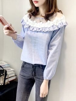 เสื้อแฟชั่นแขนยาวคอกลมแต่งผ้าซีทรูต่อลูกไม้แบบสวยหวานสไตล์เกาหลี รหัส 1938