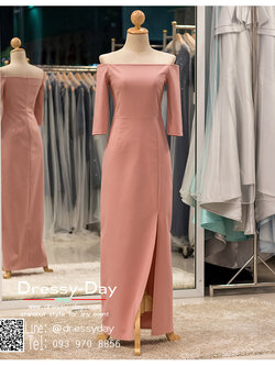รหัส ชุดราตรียาวคนอ้วน : PK006 ชุดแซก ชุดราตรียาวมีแขน หรู สีชมพู ไหล่ปาด เรียบหรู เหมาะสำหรับงานแต่งงาน งานกลางคืน กาล่าดินเนอร์