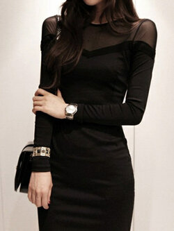 ชุดเดรสแฟชั่น แขนยาว แต่งแขนผ้าตาข่ายเนื้อนุ่ม-สีดำ-2 ไซส์ M,L