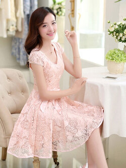 ชุดเดรสผ้าลูกไม้ใส่ออกงานสวยหรูจ้า รหัส 1250-สีชมพูโอลโรส