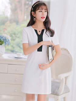 ชุดเดรสแฟชั่นคอกลมผ่ารูปตัววีใส่ทำงาน ออกงานสวยสไตล์เกาหลี2 ไซส รหัส 1642