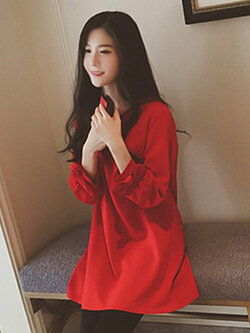 ชุดเดรสแฟชั่น แขนยาว แต่งโบว์ปลายแขนเสื้อ-1445-สีแดง