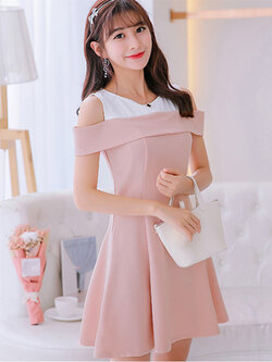 ชุดเดรสแฟชั่นสีดำแขนกุดแต่งสายคาดไหล่ ออกงานสวยหรู รหัส 1635-สีชมพู