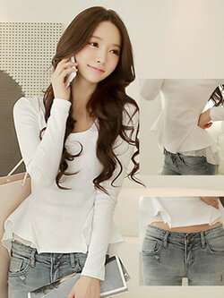 เสื้อยืดแฟชั่นแขนยาว เอวระบายต่อผ้าชีฟองพริ้วๆ-1551-สีขาว