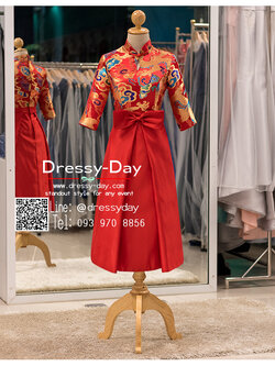 รหัส ชุดกี่เพ้า :KPS099 ชุุดยกน้ำชา ชุดกี่เพ้าสั้นพร้อมส่ง มีแขน กระโปรงทวิสต์ ใส่ในพิธียกน้ำชา สวย หวาน หรู