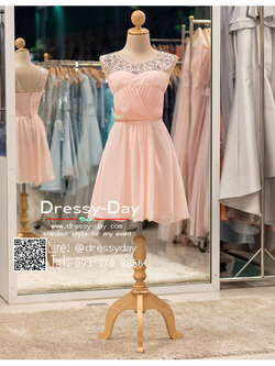 รหัส ชุดราตรีคนอ้วน : bb034 ชุดราตรีสั้นแขนกุด ชุดไปงานแต่งงานตกแต่งกริตเตอร์ช่วงบน สีชมพู เรียบหรู พร้อมส่ง