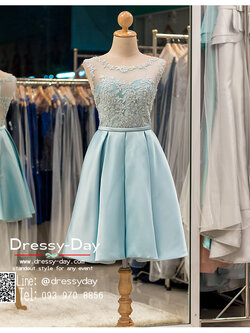 รหัส ชุดราตรีสั้น :PF083 ชุดราตรีสั้น เดรสออกงาน ชุดไปงานแต่งงาน ชุดแซก สีฟ้า แขนกุด ซีทรู ผ้าไหมสุดหรู เหมาะสำหรับงานแต่งงาน งานกลางคืน กาล่าดินเนอร์