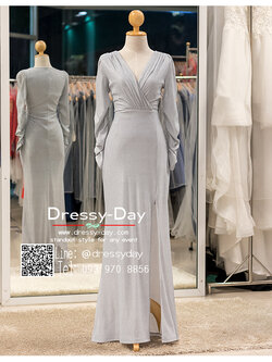 รหัส ชุดราตรียาว : PFL111 ชุดไปงานแต่งสีเทาเงิน แบบมีแขน ชุดไปงานแต่งงานกลางคืน เรียบ หรู ดูแพง พร้อมส่ง สำเนา