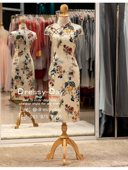 รหัส ชุดกี่เพ้า : KPS134 ชุดตรุษจีน โมเดิรน์ สวยๆ ลายดอกกุหลาบ ดอกเหมย ชุดกี่เพ้าแฟชั่น คนอ้วน อวบ ใส่สวย