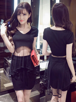 ชุดเซท 2 ชิ้น เสื้อครึ่งตัวต่อชายผ้าตาข่ายโปร่ง กับกระโปรงสั้นสีดำ รหัส 1251