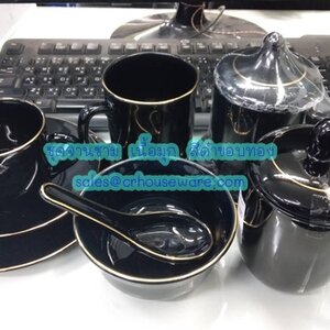 จานชามเนื้อมุก สีดำ ขอบทอง