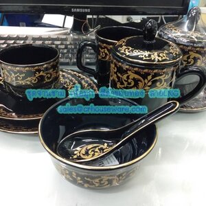 จานชามเนื้อมุก สีดำ ขอบทอง ลายลานนาโกลด์ LNG