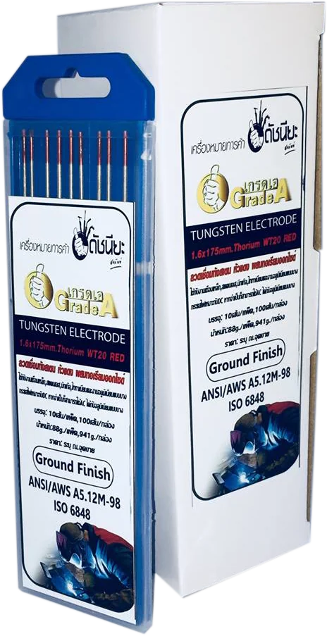 10เส้น ลวดเชื่อมทังสเตน 1.6มม.หัวสีแดง TUNGSTEN ELECTRODE WIRE WT-20 (RED) 1.6x175MM.=10PCS.เกรดเออย่างดีใช้ทน ใช้เชื่อม เหล็ก, สแตนเลส, นิกเกิล และไททาเนียม อลูมิเนียมแบบบาง