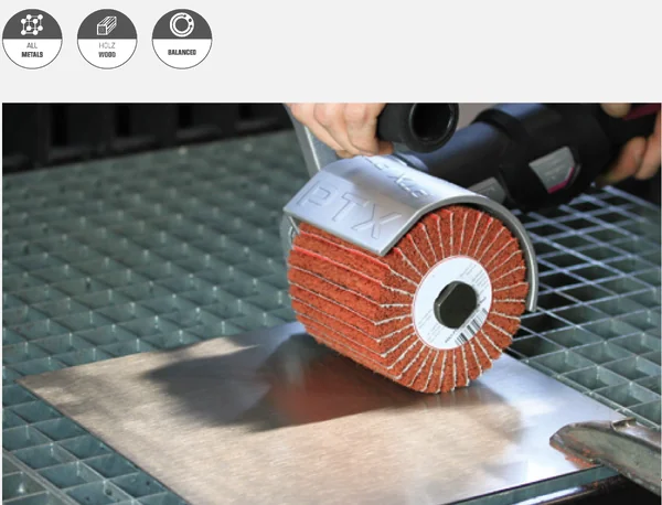 ลูกขัดแฮร์ไลน์ผสมผ้าทรายเบอร์#80 PTX ขนาด Size120x100MM. DRAWING WHEEL WITH SANDPAPER GRIT#80 คุณภาพอย่างดีขัดแล้วไม่ดำไม่ไหม้ ใช้ขัดเงา ขัดลบรอยขีดข่วนไม่กินผิวชิ้นงานโลหะ ขัดลบครีบบางๆ ดัชนียะ สหภัณฑ์ image 6