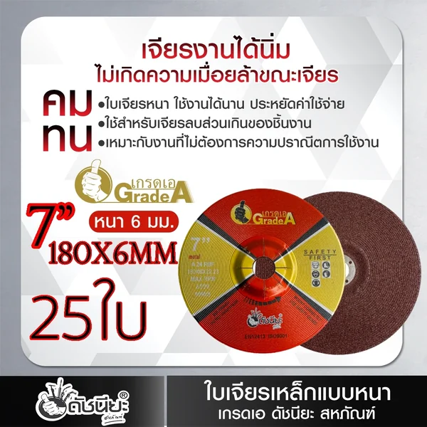 25ใบ ใบเจียรเหล็ก 7นิ้วหนา6มม.สีแดง GRINDING DISC RED 180x6x22MM. =25pcs.คม ทนทาน ประหยัดต้นทุน เจียรลบส่วนเกินของชิ้นงาน ลบรอยเชื่อมได้อย่างรวดเร็ว เสริมชั้นตาข่ายไฟเบอร์กลาส เชื่อถือได้ในการปลอดภัย อายุการใช้งานที่ยาวนานกว่า ดัชนียะสหภัณฑ์ image 6 25ใบ ใบเจียรเหล็ก 7นิ้วหนา6มม.สีแดง GRINDING DISC RED 180x6x22MM. =25pcs.คม ทนทาน ประหยัดต้นทุน เจียรลบส่วนเกินของชิ้นงาน ลบรอยเชื่อมได้อย่างรวดเร็ว เสริมชั้นตาข่ายไฟเบอร์กลาส เชื่อถือได้ในการปลอดภัย อายุการใช้งานที่ยาวนานกว่า ดัชนียะสหภัณฑ์ image 6