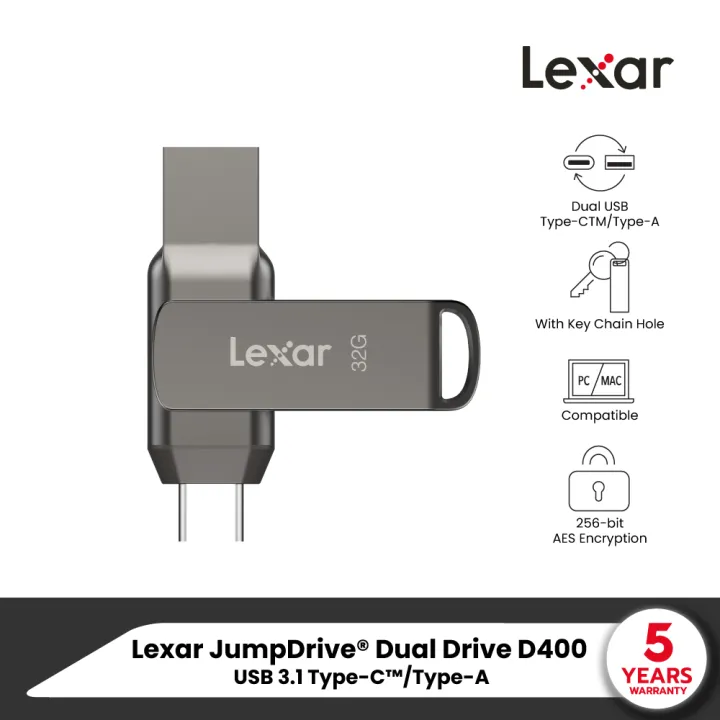 JumpDrive Dual Drive D400 USB 3.1 Type-C/Type-A (แฟลชไดรฟ์แบบ 2-in-1) หัวเชื่อมต่อแบบ USB Type-C และ Type-A by Lexar